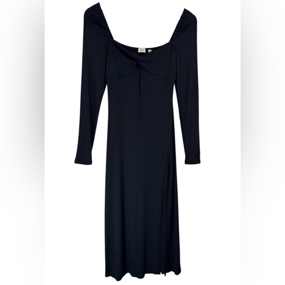 Aritzia Wilfred Black Long Sleeve Ribbed Knit Dress Side Slit Sz M